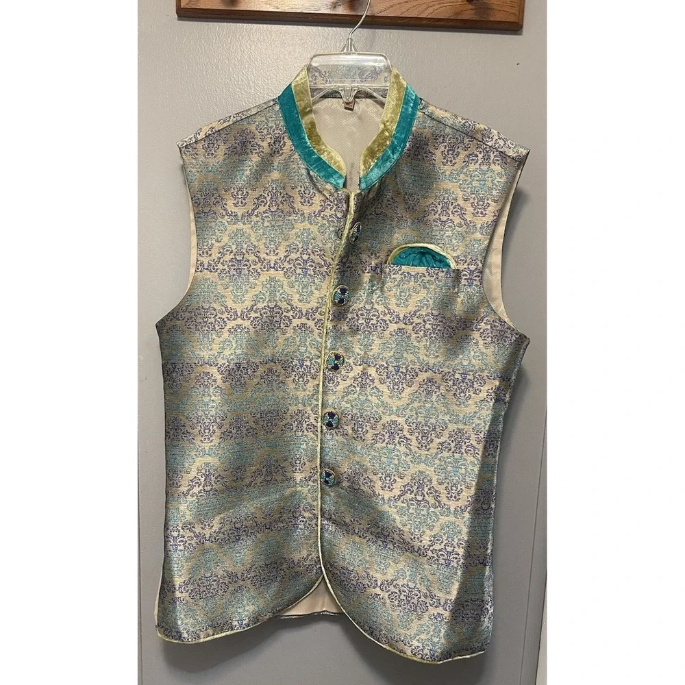 Nehru jacket/vest Men's Xl Teal/Gold Silk Wedding Matching Pocket Square Buttons